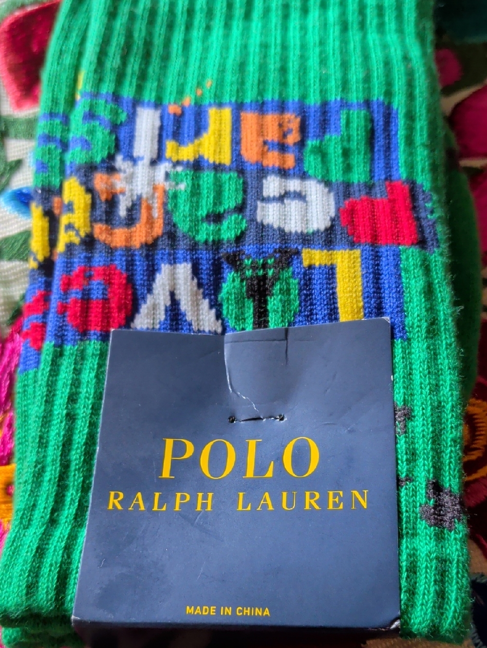 Ralph Lauren Green 'Love Peace' Graphic Crew Socks with Multicolor Accents - Picture 4 of 6